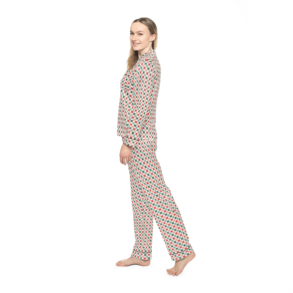 Christmas Checkerboard Pattern Women's Satin Pajamas (AOP)