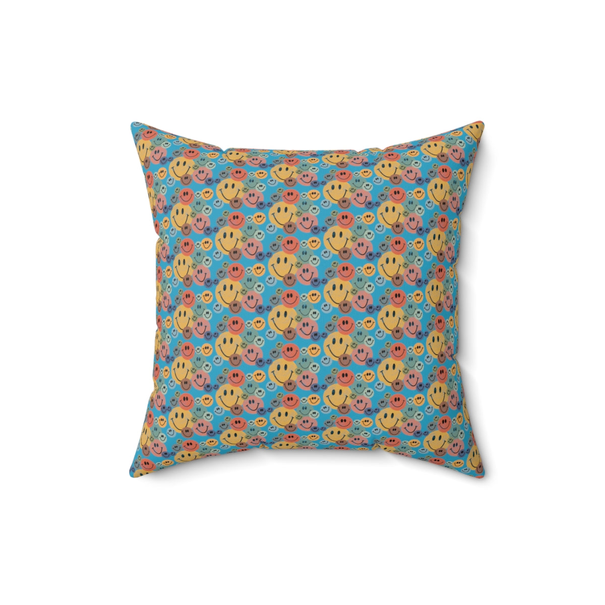 Turquoise Boho Retro Rustic Colored Smiley Face Pattern Spun Polyester Square Pillow