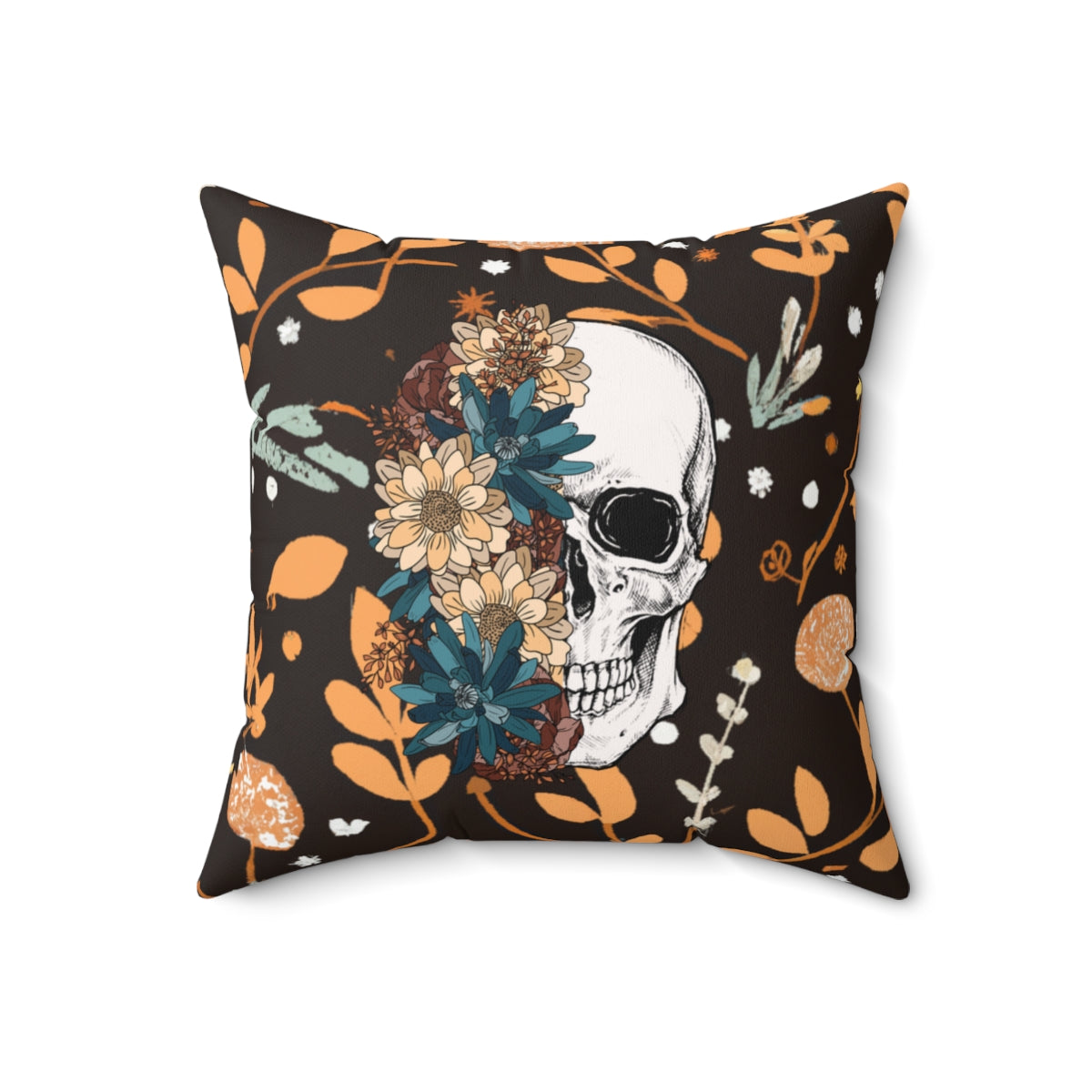 Boho Floral Skull - Orange Flowers Backdrop Fall Halloween Spun Polyester Square Pillow
