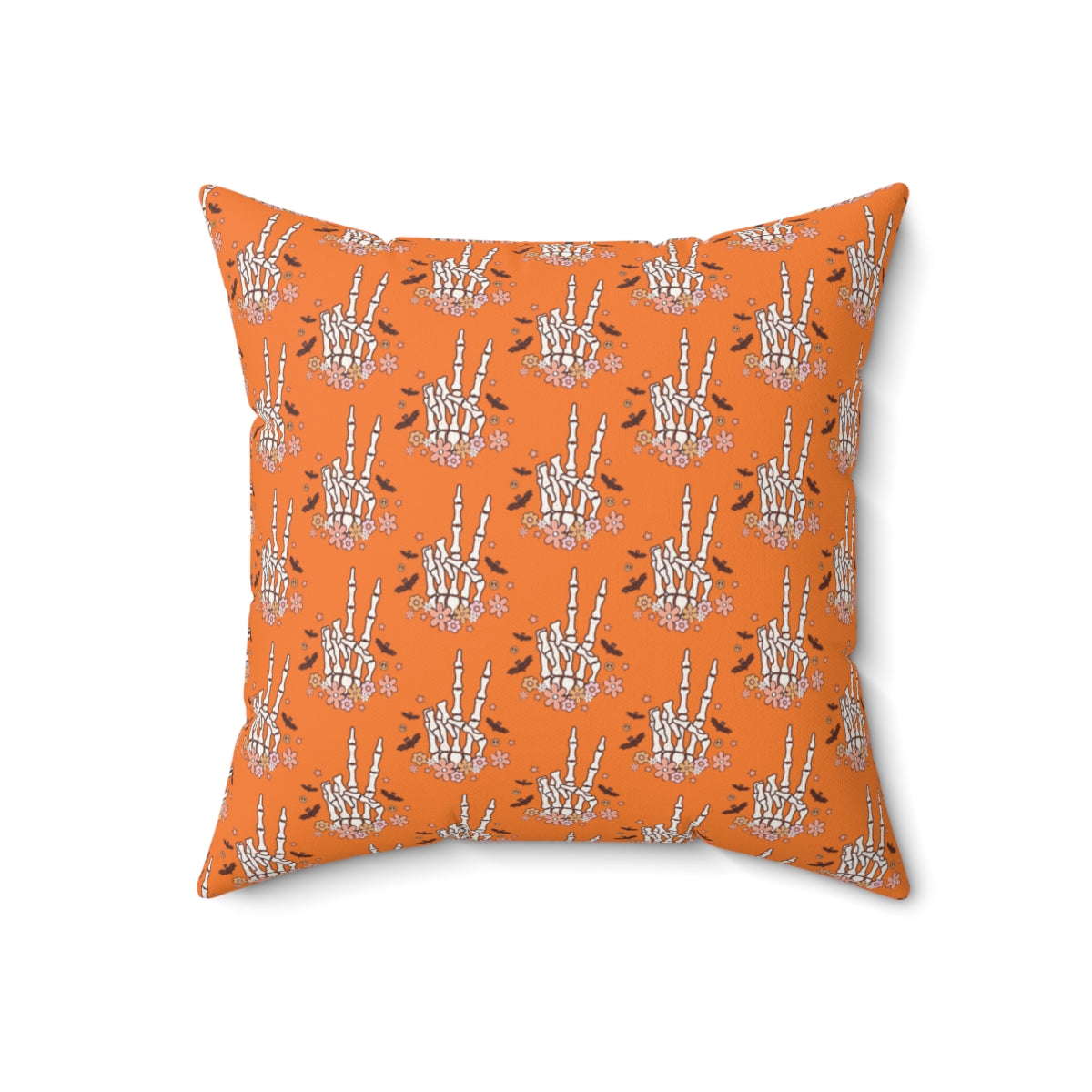 Orange Boho Skeleton Hand Peace Sign Pattern Fall Halloween Spun Polyester Square Pillow