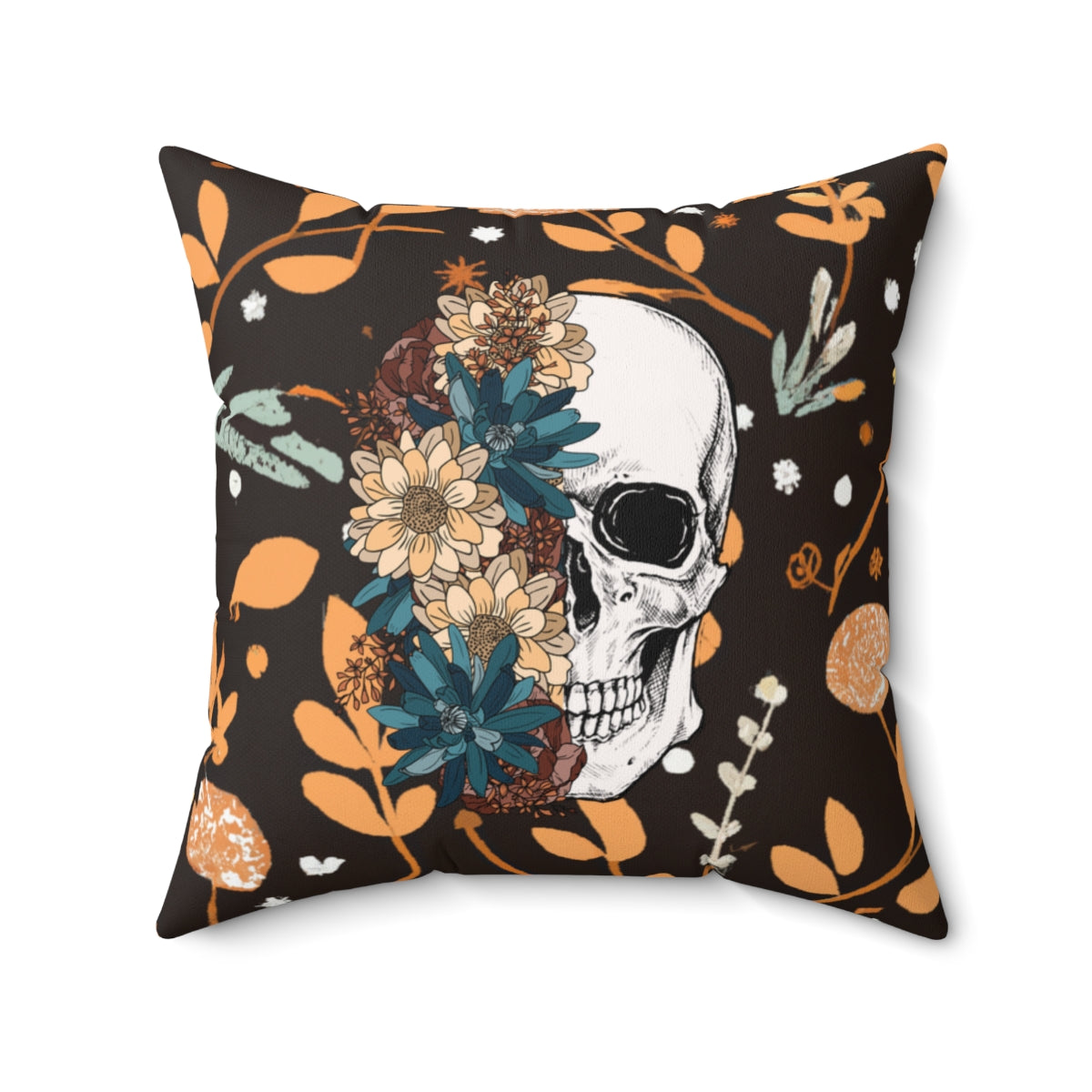 Boho Floral Skull - Orange Flowers Backdrop Fall Halloween Spun Polyester Square Pillow