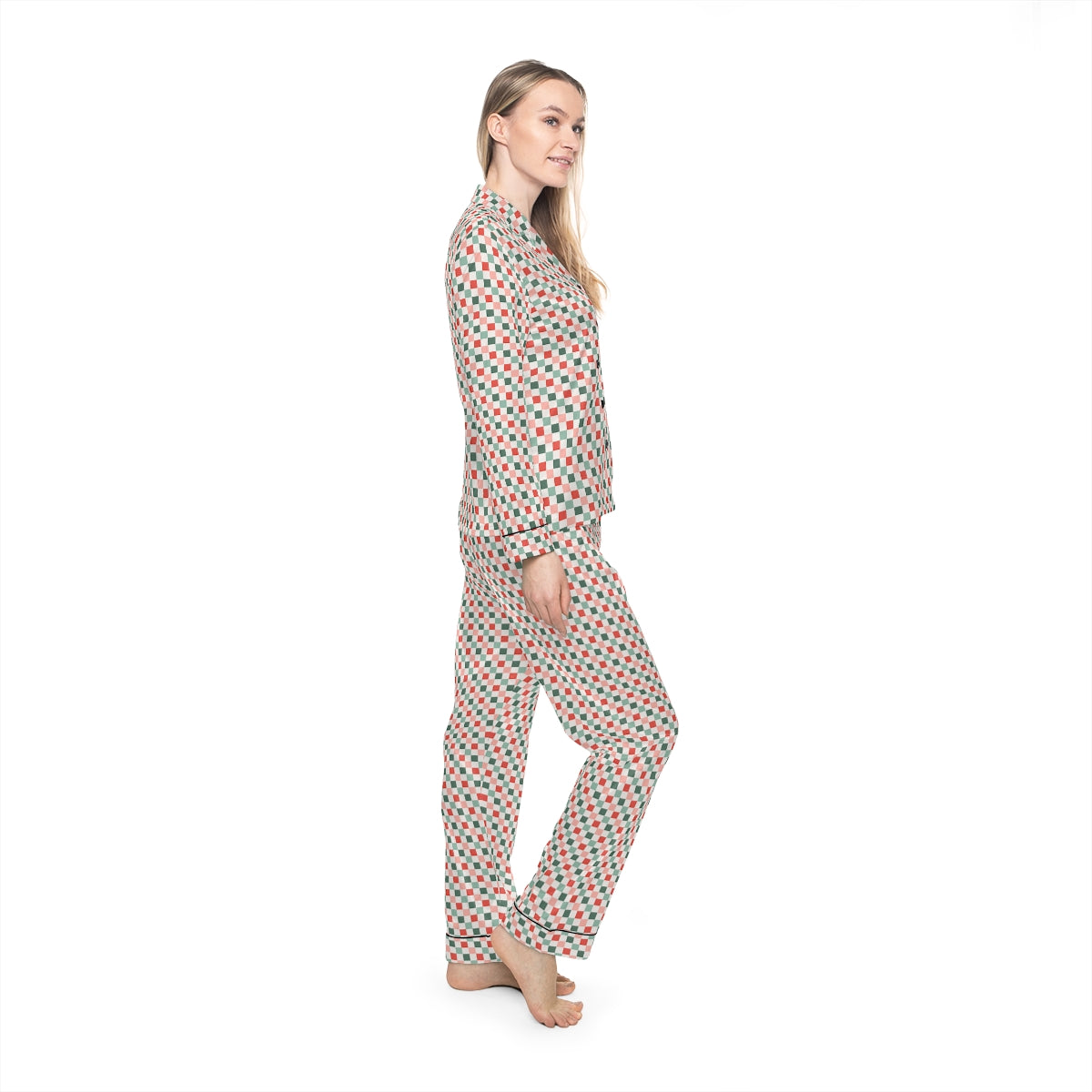 Christmas Checkerboard Pattern Women's Satin Pajamas (AOP)
