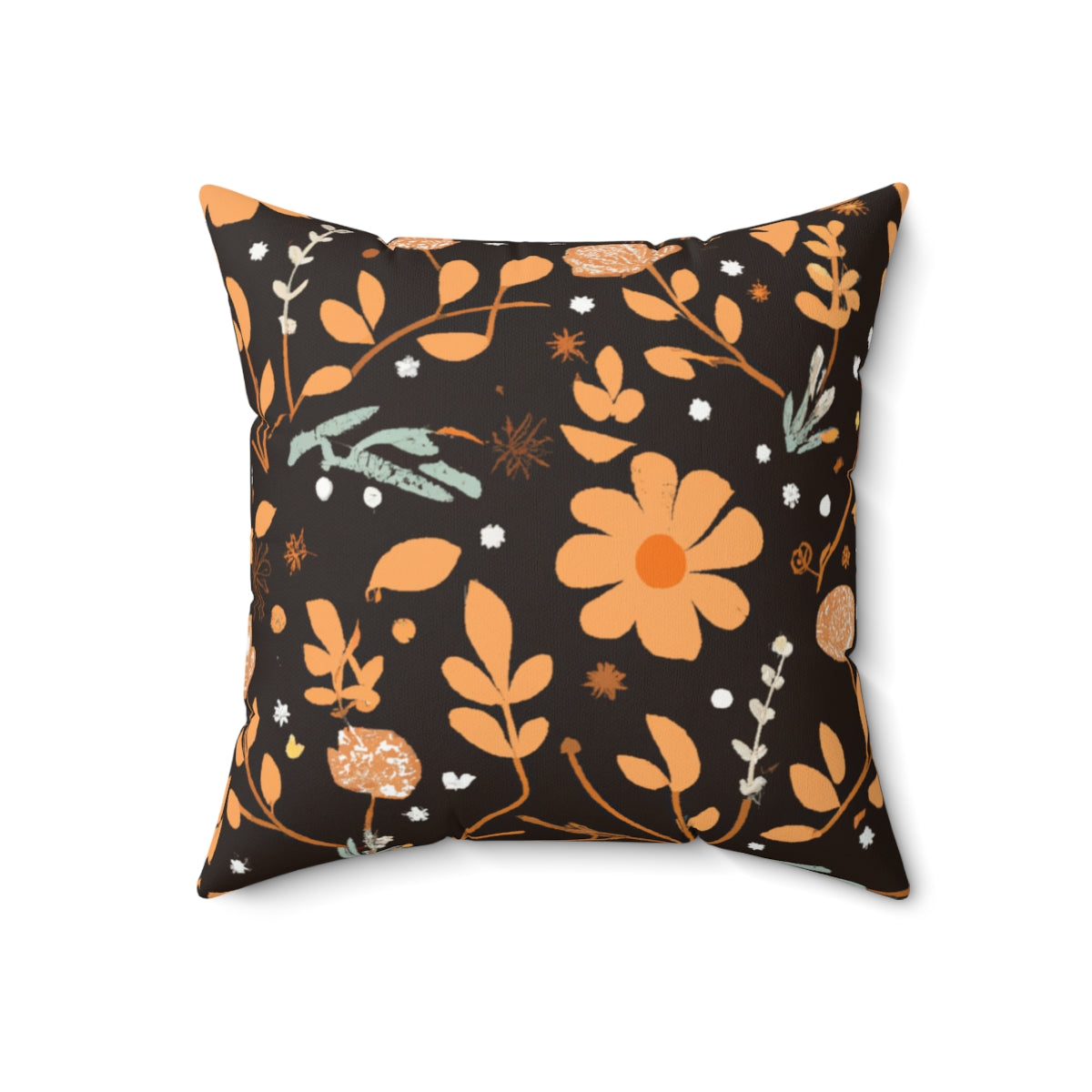 Boho Floral Skull - Orange Flowers Backdrop Fall Halloween Spun Polyester Square Pillow
