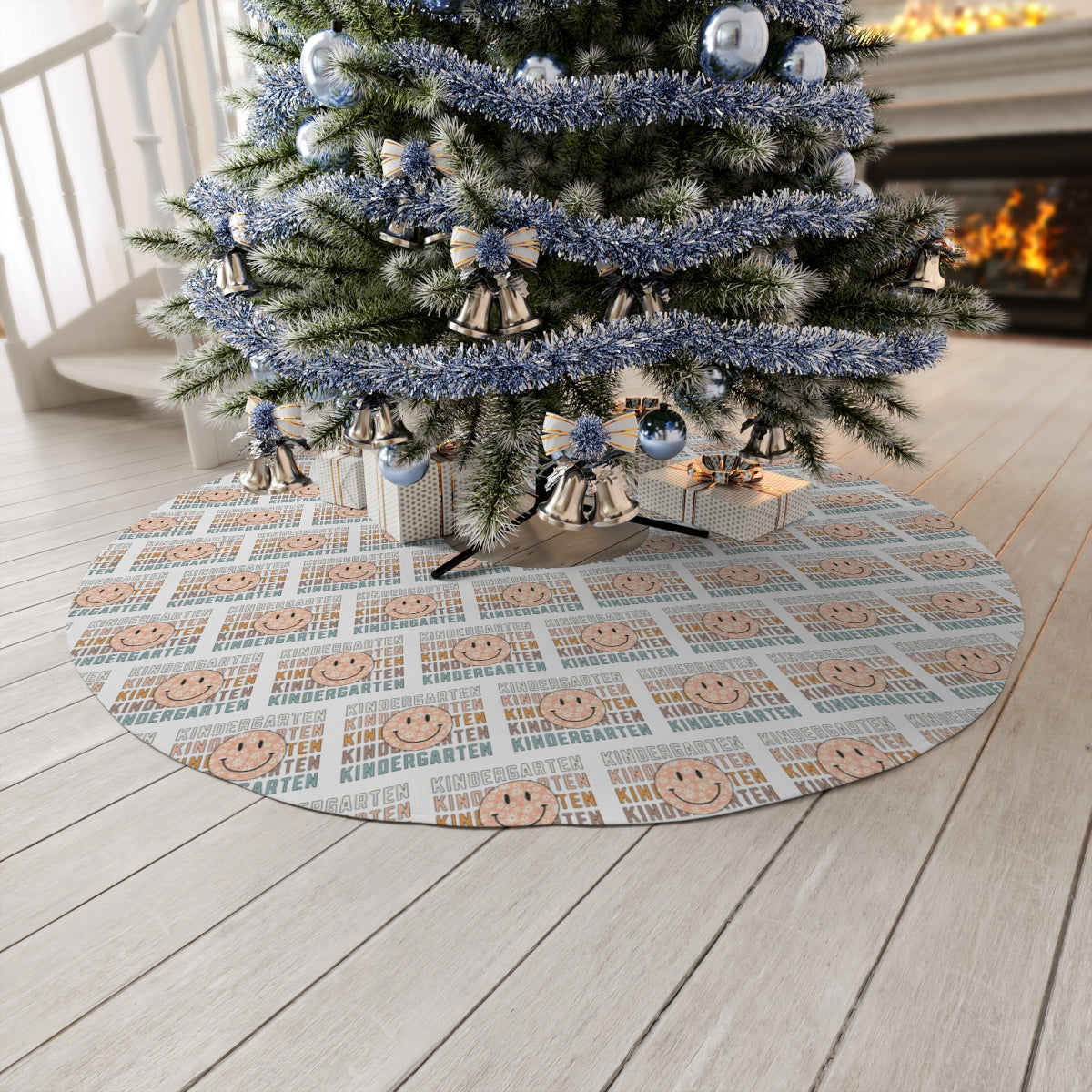 "Kindergarten Rustic Orange Smiley Face" White Round Tree Skirt
