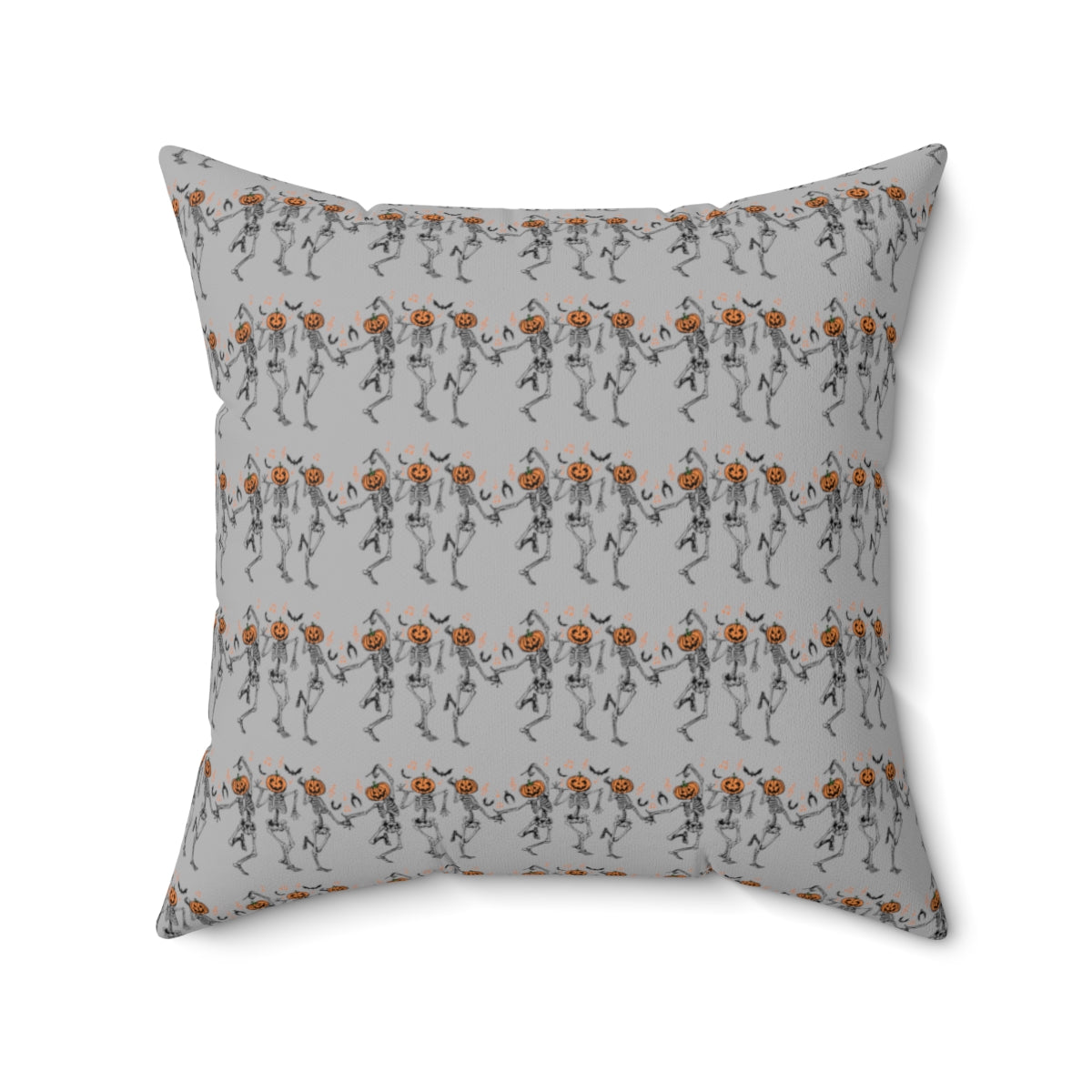 Gray Dancing Pumpkin Head Skeletons Pattern Fall Halloween Spun Polyester Square Pillow
