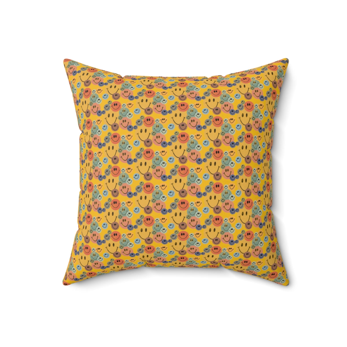 Yellow Boho Retro Rustic Colored Smiley Face Pattern Spun Polyester Square Pillow