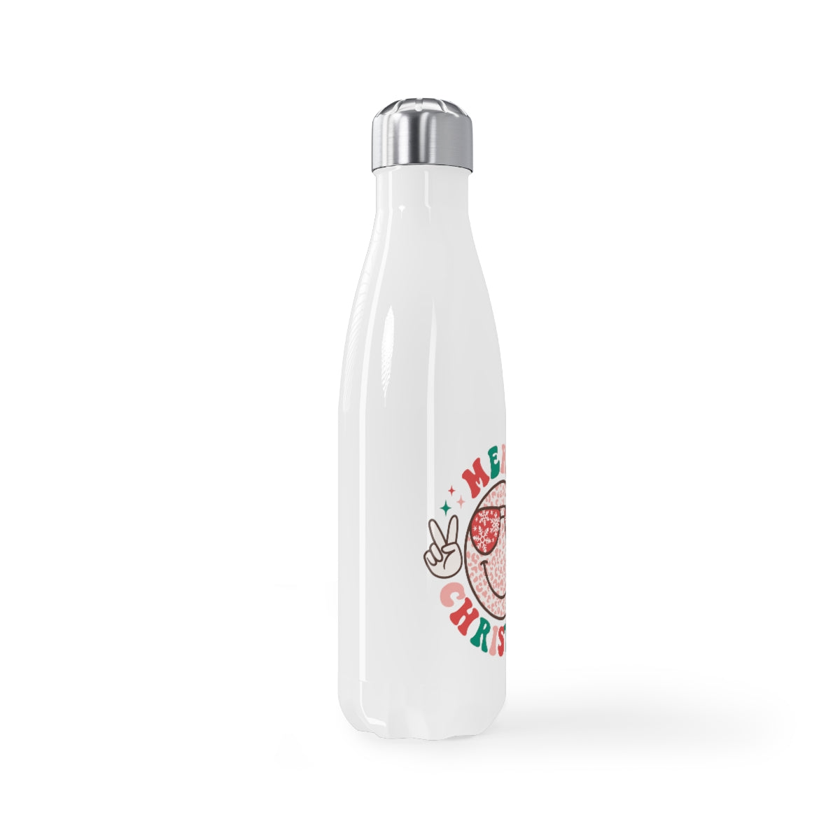 Merry Christmas Colorful Smiley Face with Peace Sign Stainless Steel Water Bottle, 17oz