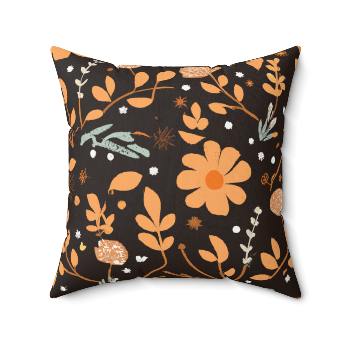 Boho Floral Skull - Orange Flowers Backdrop Fall Halloween Spun Polyester Square Pillow