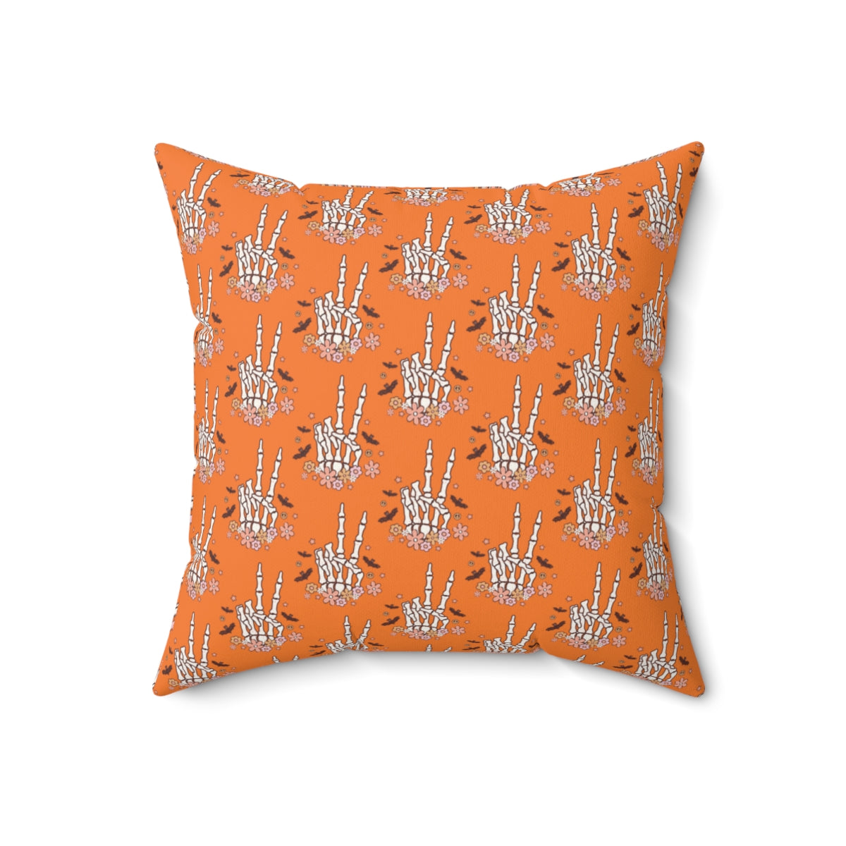 Orange Boho Skeleton Hand Peace Sign Pattern Fall Halloween Spun Polyester Square Pillow