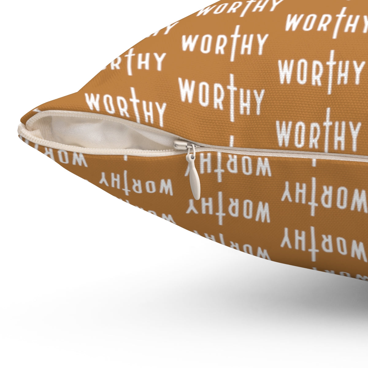 Light Brown Christian "Worthy" Pattern Square Pillow