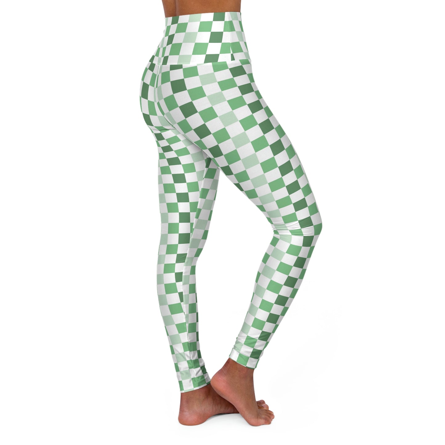 Green and White Checkered Pattern High Waisted Yoga Leggings