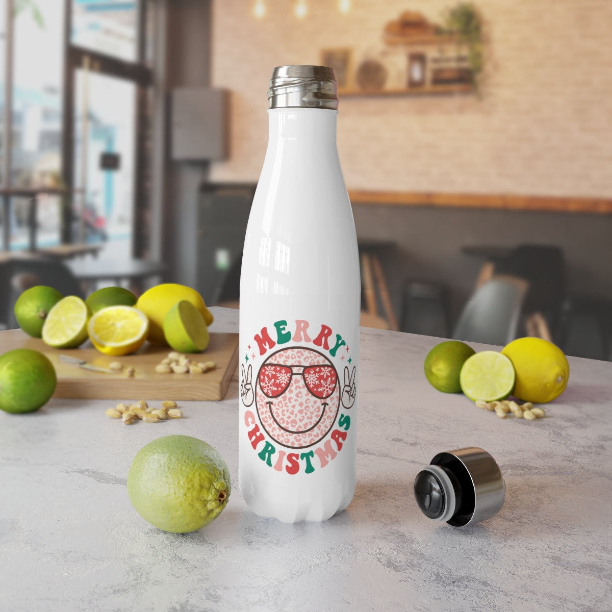Merry Christmas Colorful Smiley Face with Peace Sign Stainless Steel Water Bottle, 17oz
