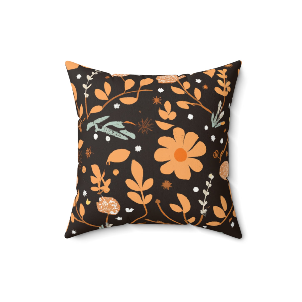 Boho Floral Skull - Orange Flowers Backdrop Fall Halloween Spun Polyester Square Pillow