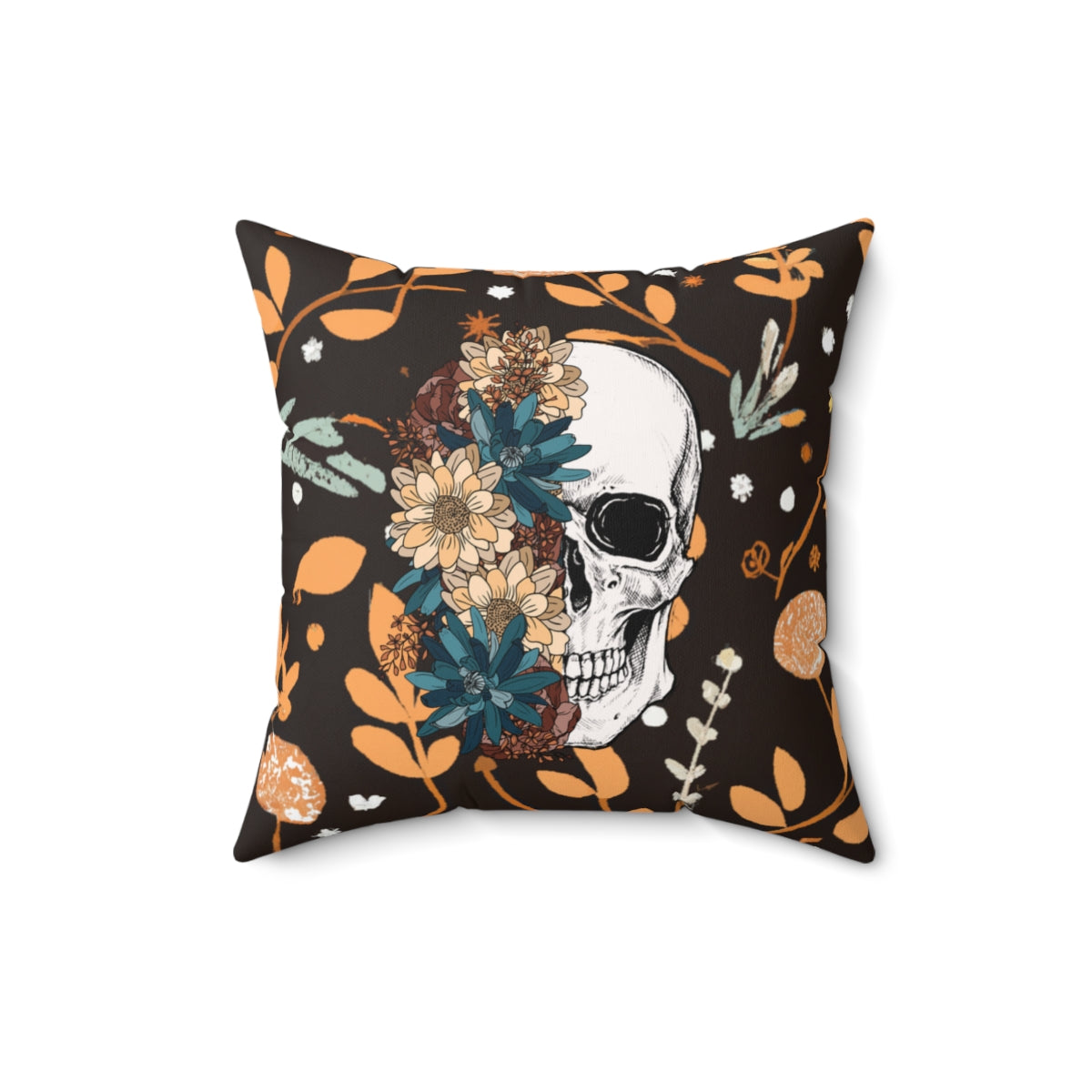 Boho Floral Skull - Orange Flowers Backdrop Fall Halloween Spun Polyester Square Pillow
