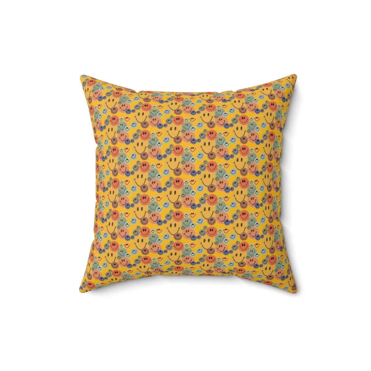 Yellow Boho Retro Rustic Colored Smiley Face Pattern Spun Polyester Square Pillow