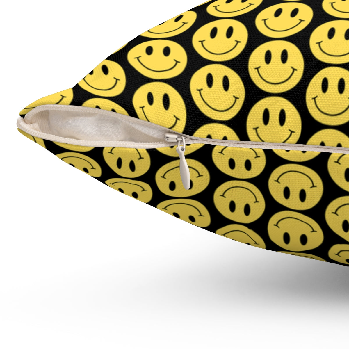 Yellow and Black Smiley Face Pattern Spun Polyester Square Pillow