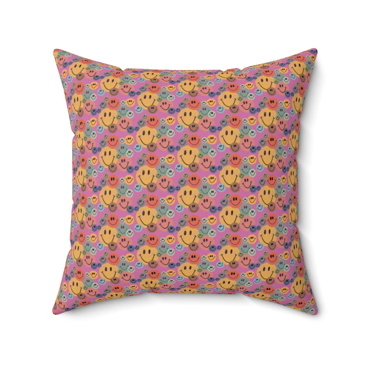 Pink Boho Retro Rustic Colored Smiley Face Pattern Spun Polyester Square Pillow