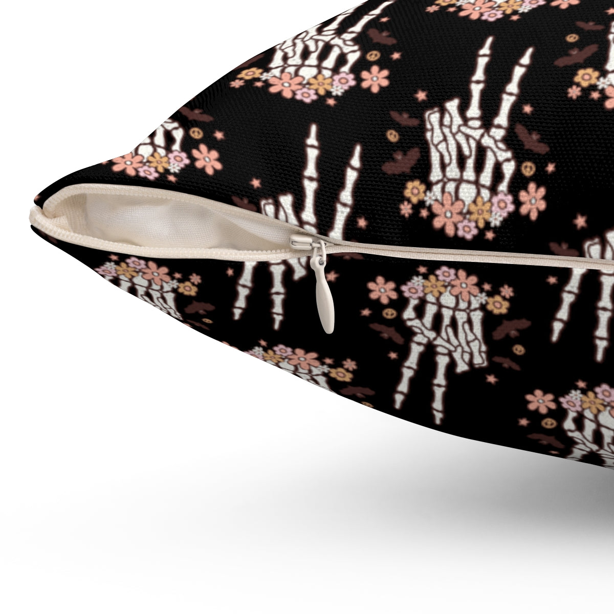 Black Boho Skeleton Hand Peace Sign Pattern Fall Halloween Spun Polyester Square Pillow