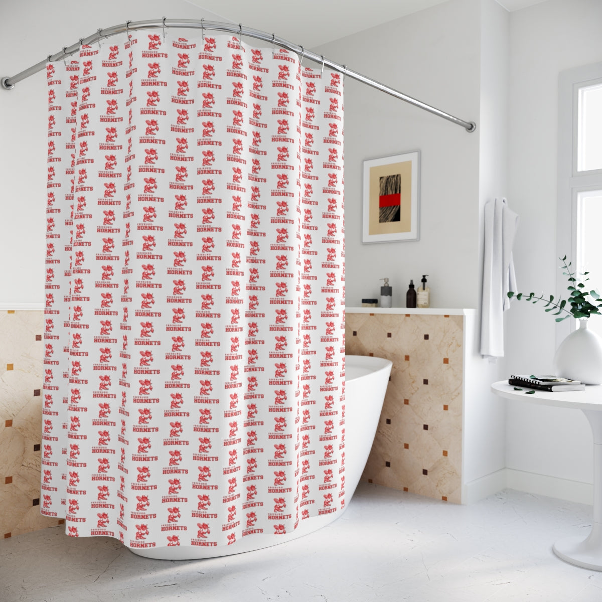 White Freeburg Hornets Pattern Polyester Shower Curtain
