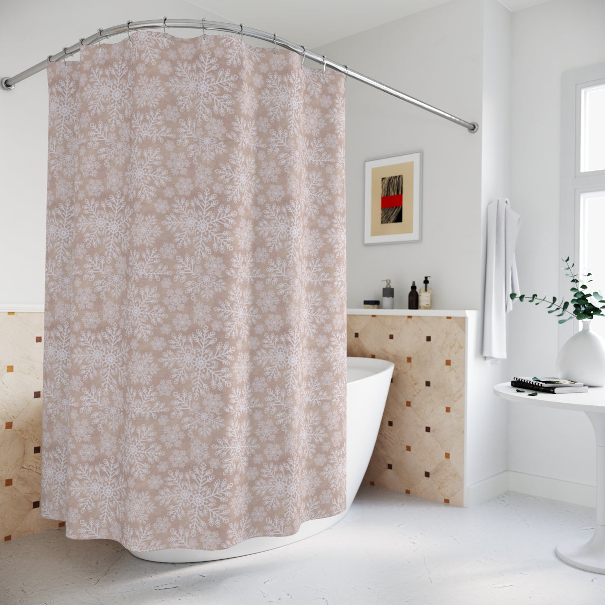 Khaki and White Snowflake Pattern Polyester Shower Curtain