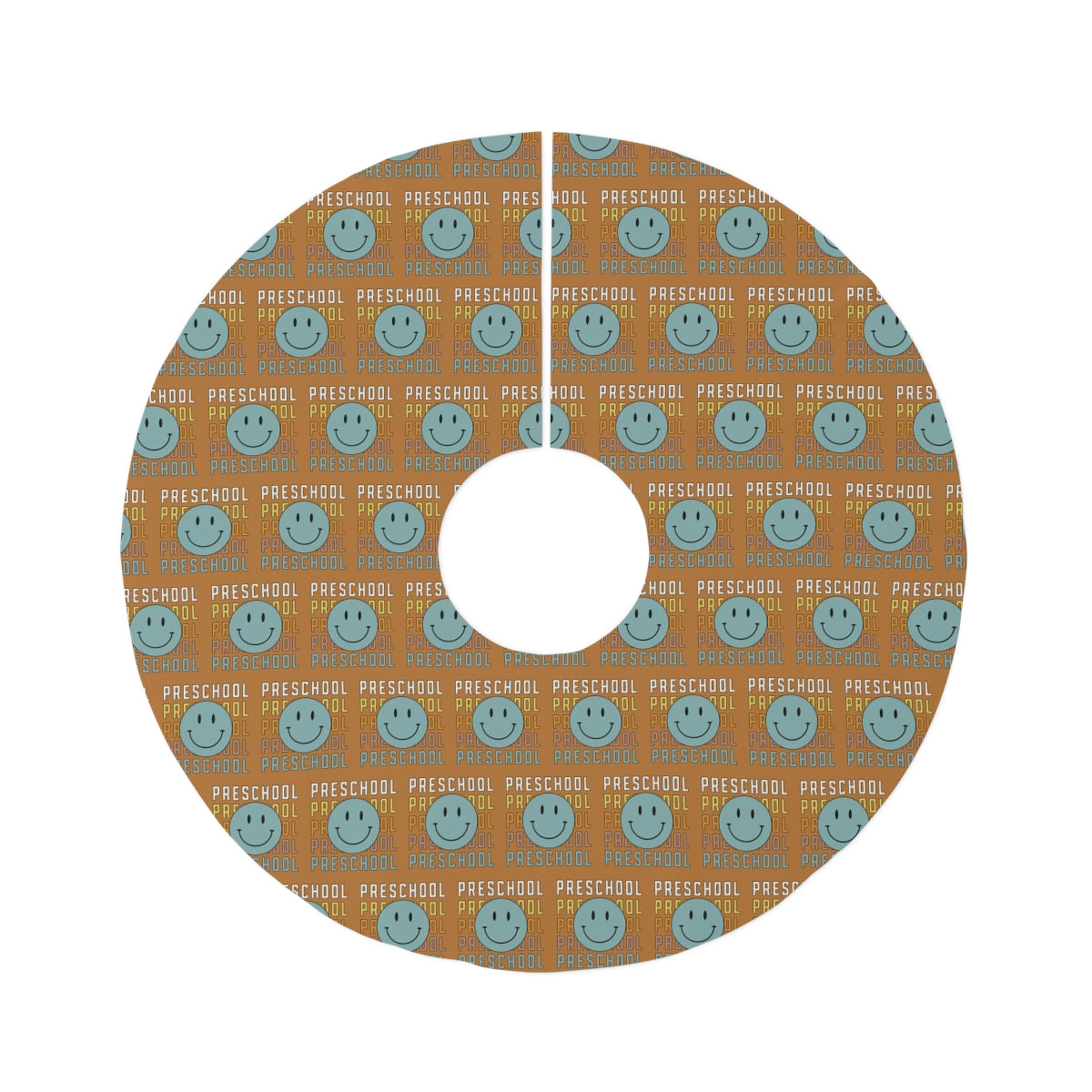 "Preschool Blue Green Smiley Face" Light Brown Round Tree Skirt