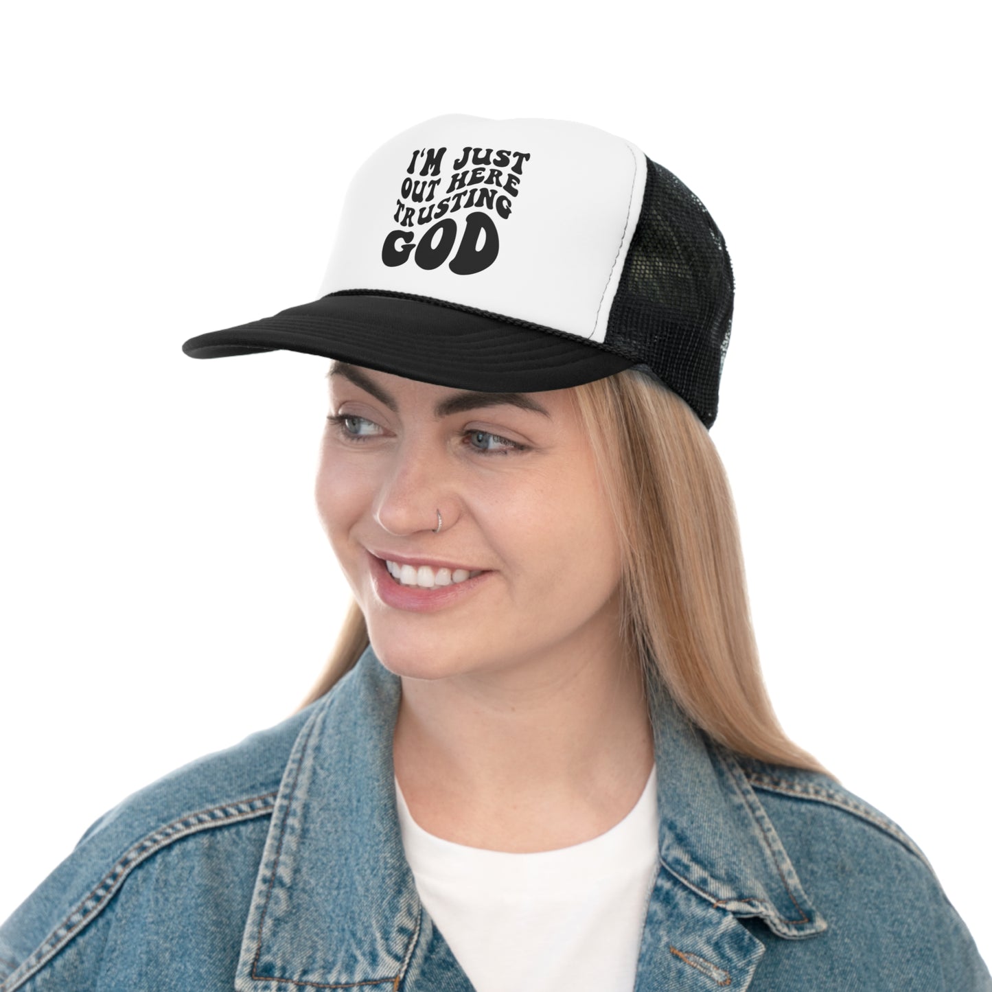 I'm Just Out Here Trusting God Tall Trucker Caps