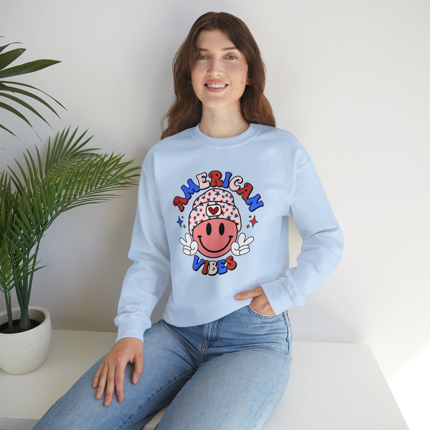 USA American Vibes Smiley Face with Heart Beanie and Peace Signs Heavy Blend™ Crewneck Sweatshirt