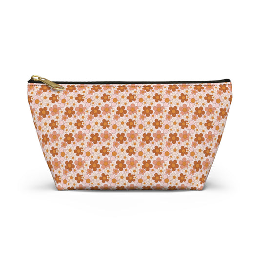 Retro Small Daisy Pink/Rust Floral Print Design Accessory Pouch w T-bottom