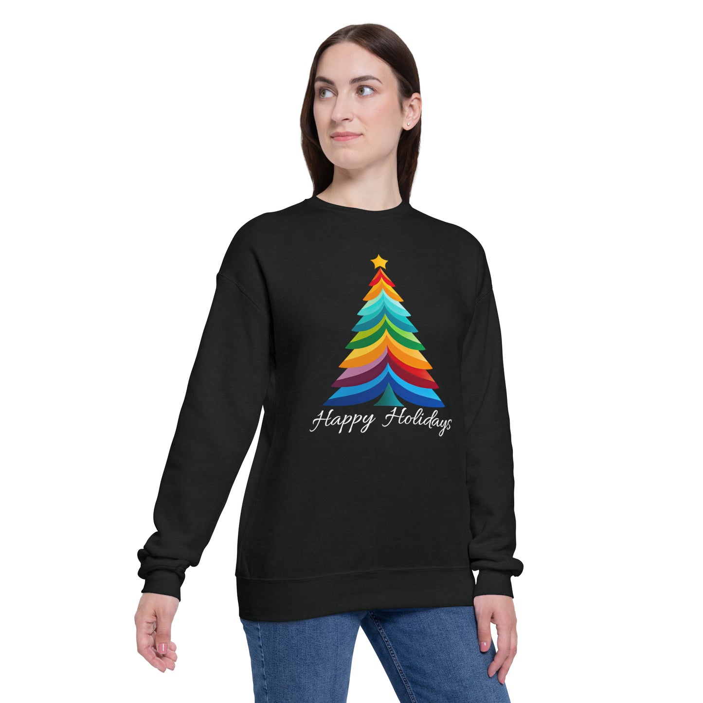 Happy Holidays Layered Rainbow Christmas Tree Unisex Drop Shoulder Bella Sweatshirt