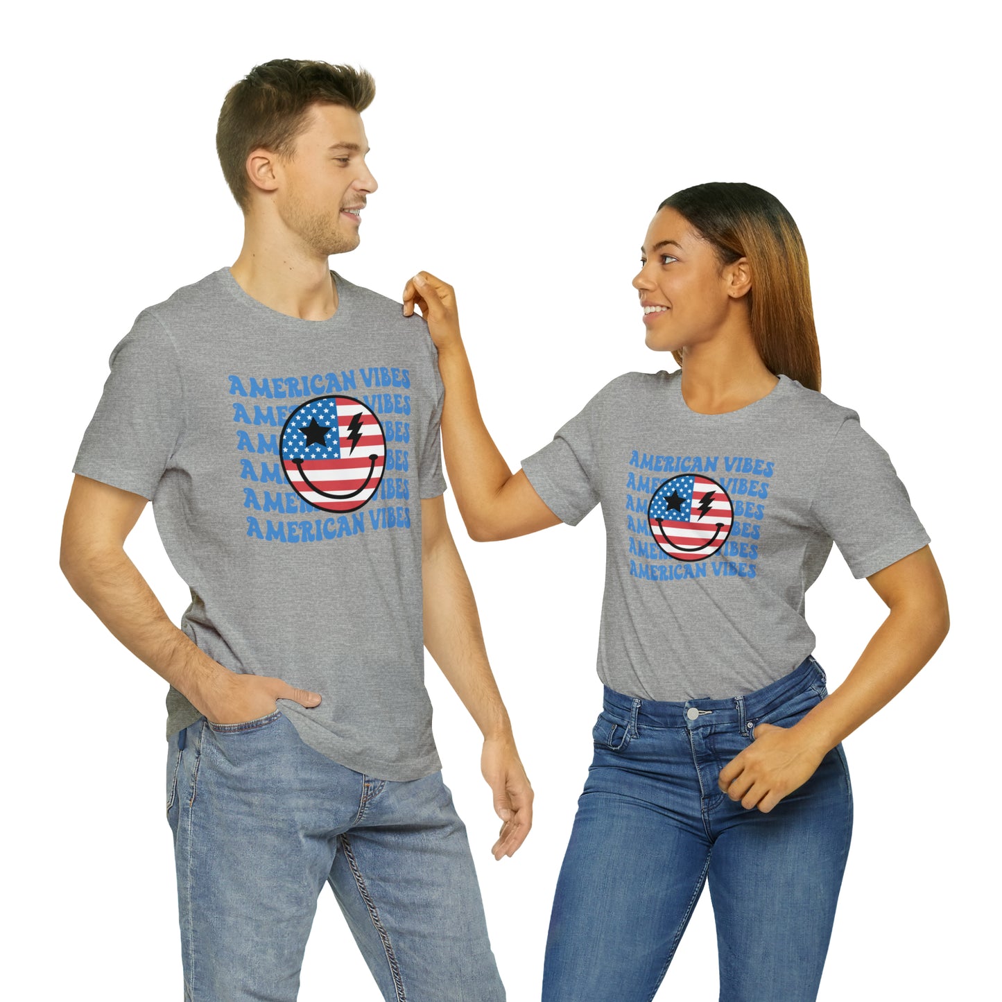 USA American Vibes American Flag Smiley Face Unisex Jersey Short Sleeve Tee