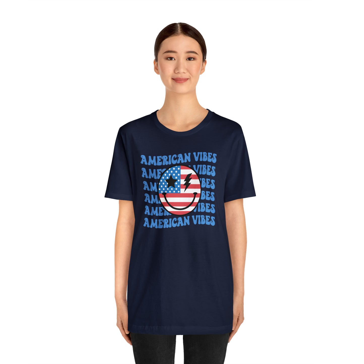 USA American Vibes American Flag Smiley Face Unisex Jersey Short Sleeve Tee