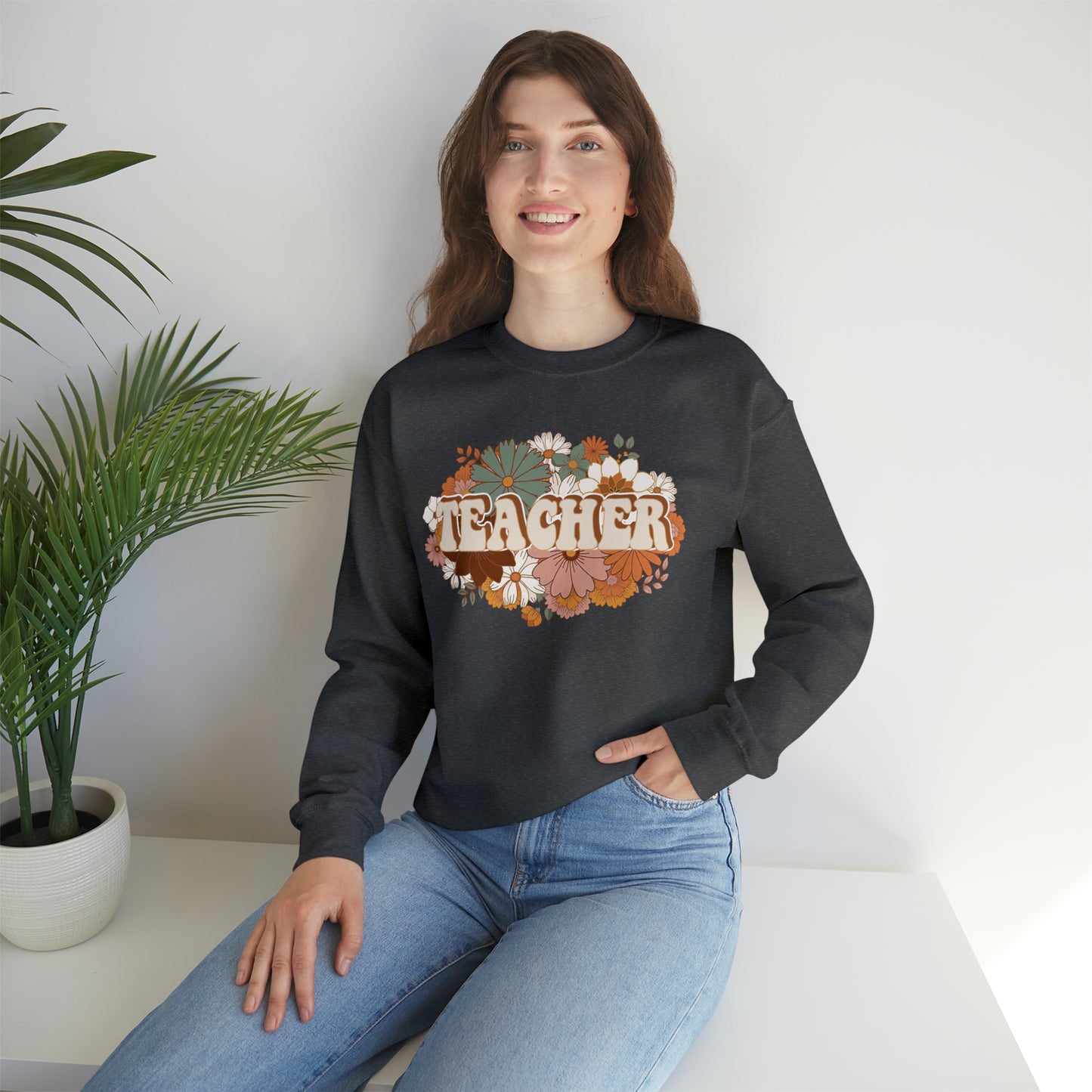 Vintage Retro Floral Teacher Warm Colors Unisex Heavy Blend™ Crewneck Sweatshirt