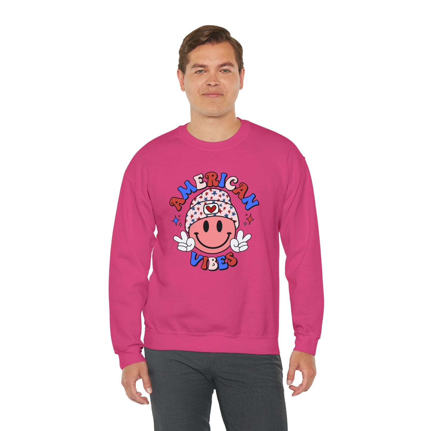 USA American Vibes Smiley Face with Heart Beanie and Peace Signs Heavy Blend™ Crewneck Sweatshirt