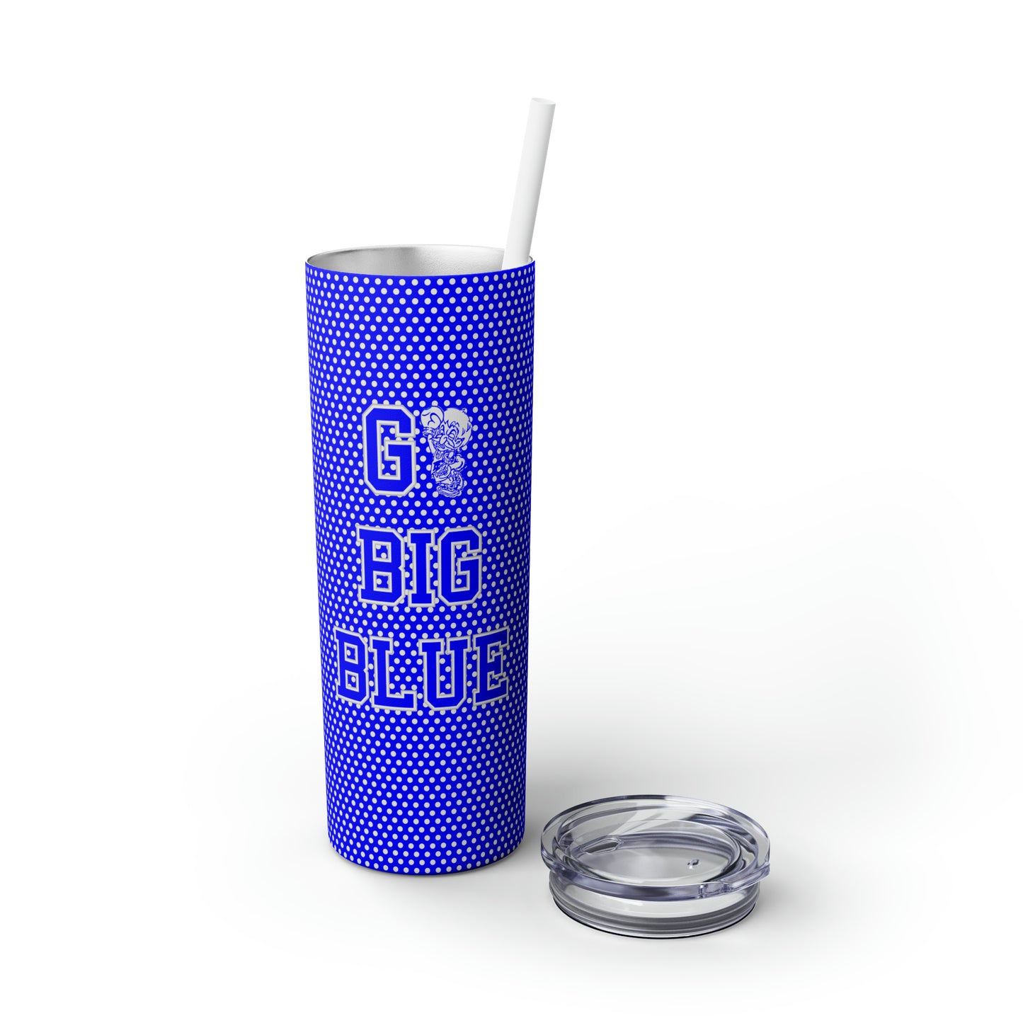 Go Big Blue Polka Dot Freeburg Midgets Skinny Tumbler with Pick your Color Straw, 20oz