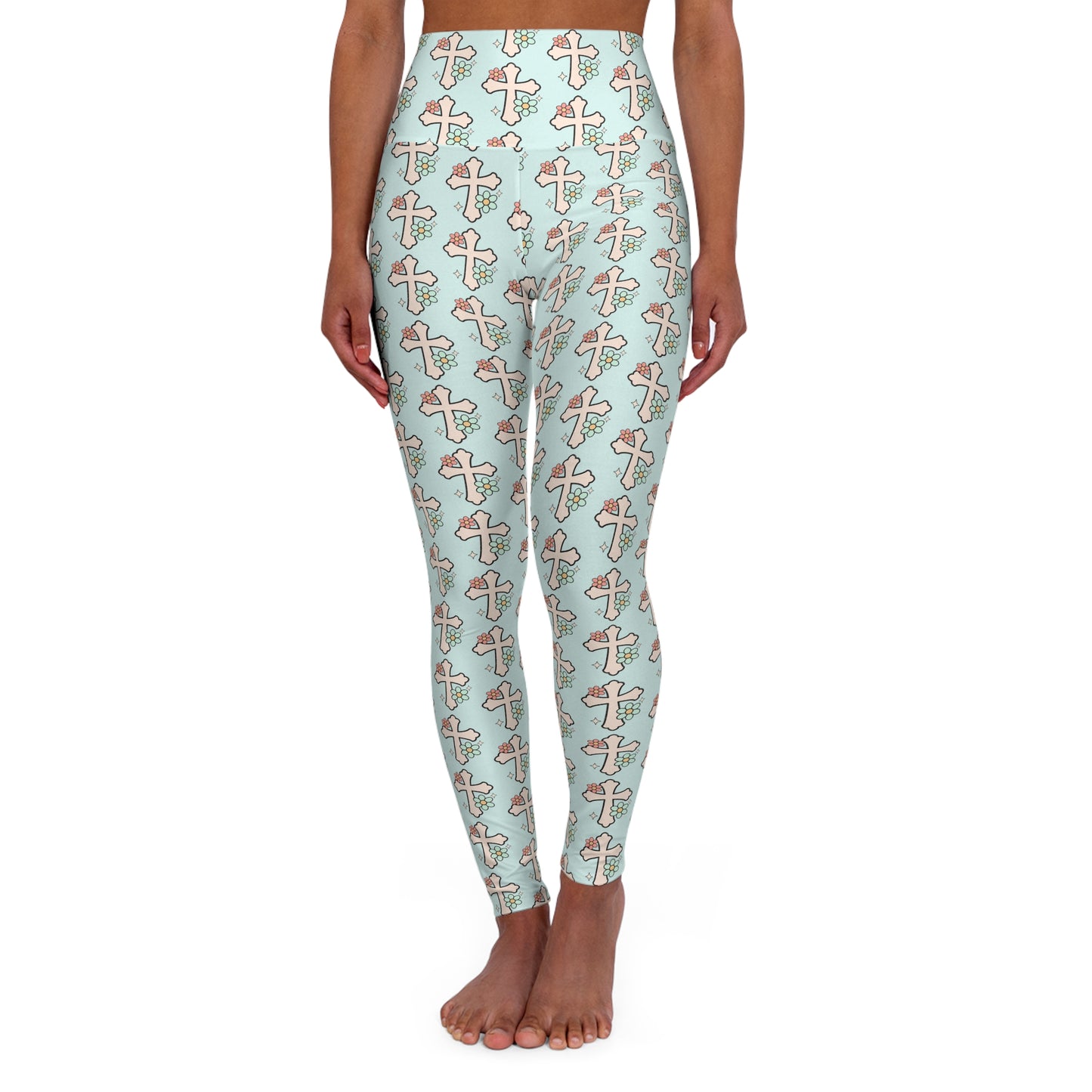 Boho Pink Cross Christian and Faith High Waisted Yoga Leggings - and Light Turquoise