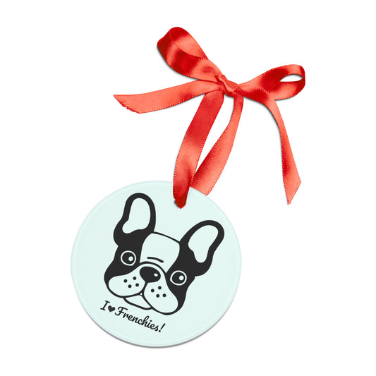 I love Frenchies French Bulldog Ornament with Ribbon - light blue