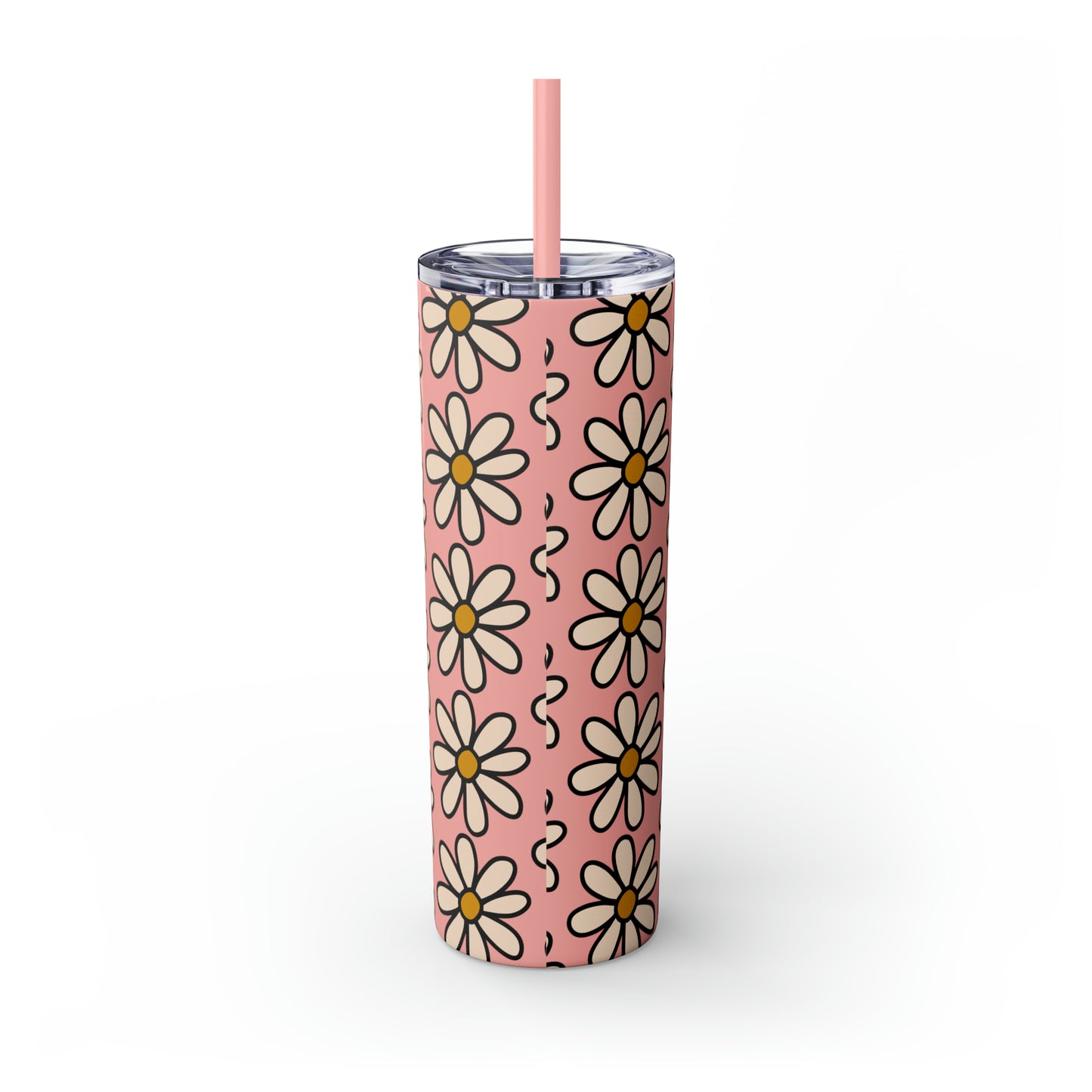 Peach Daisy Print Skinny Tumbler with Straw, 20oz