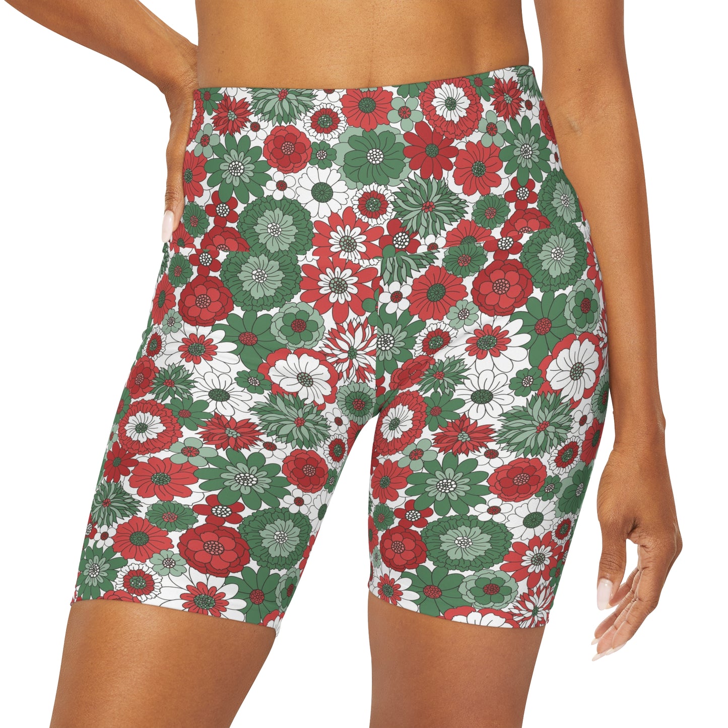 Retro Christmas Holiday Floral Red Green and White Yoga Shorts