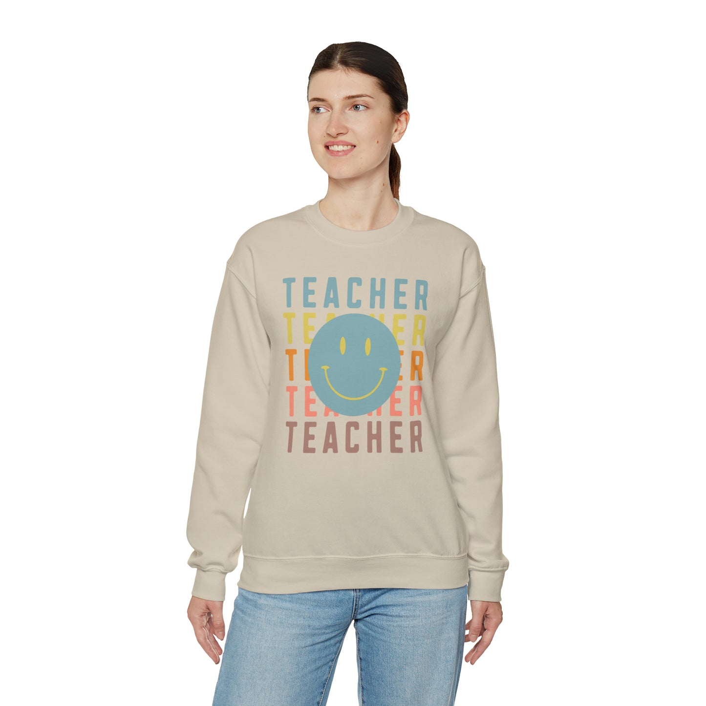 Multi Colored Teacher with Smiley Face Unisex Heavy Blend™ Crewneck Sweatshirt