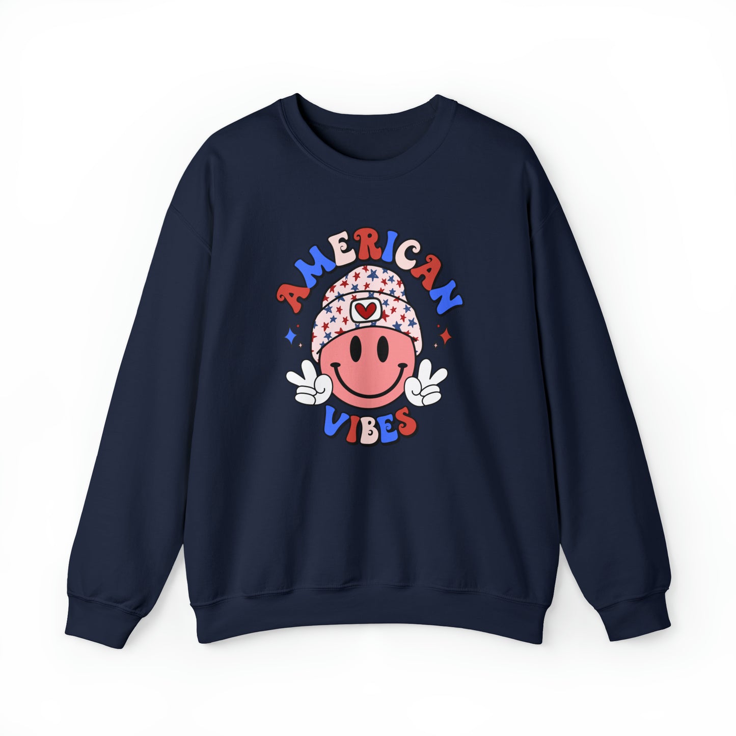 USA American Vibes Smiley Face with Heart Beanie and Peace Signs Heavy Blend™ Crewneck Sweatshirt