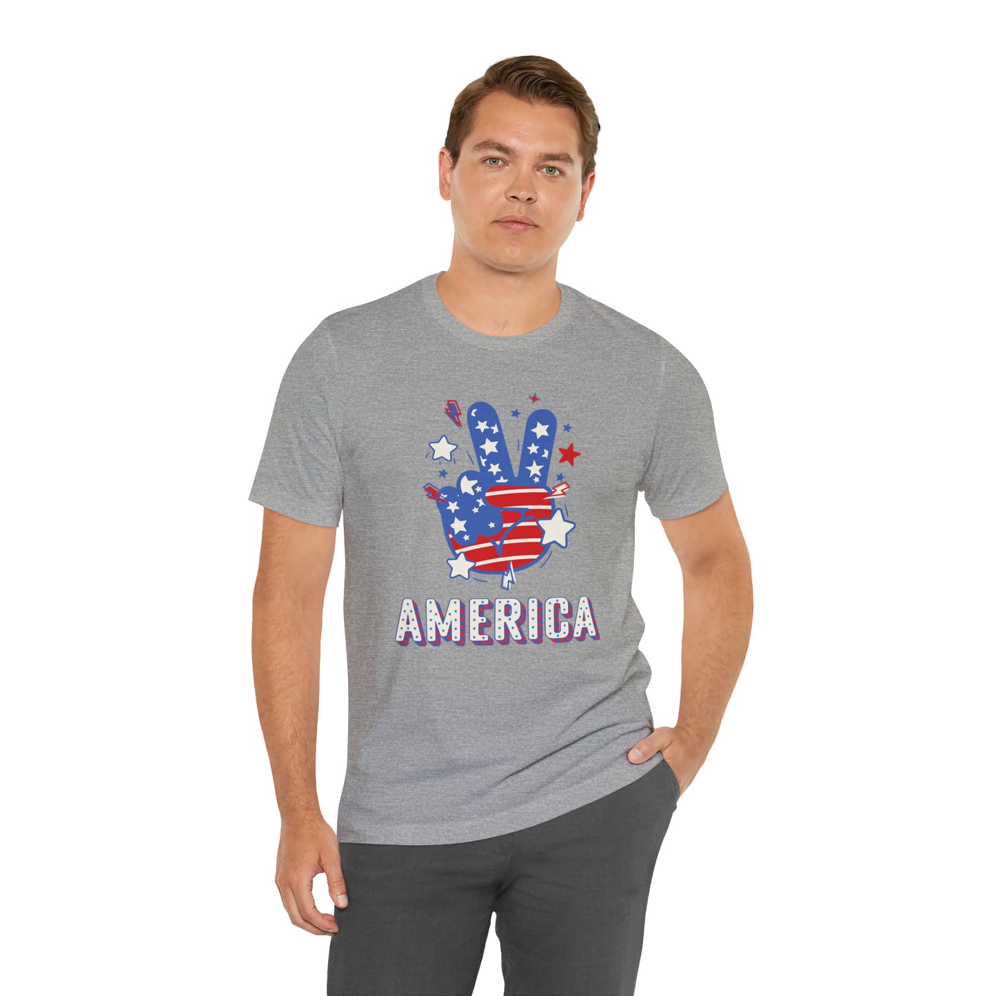 America USA Stars Peace Sign with Hands Unisex Jersey Short Sleeve Tee