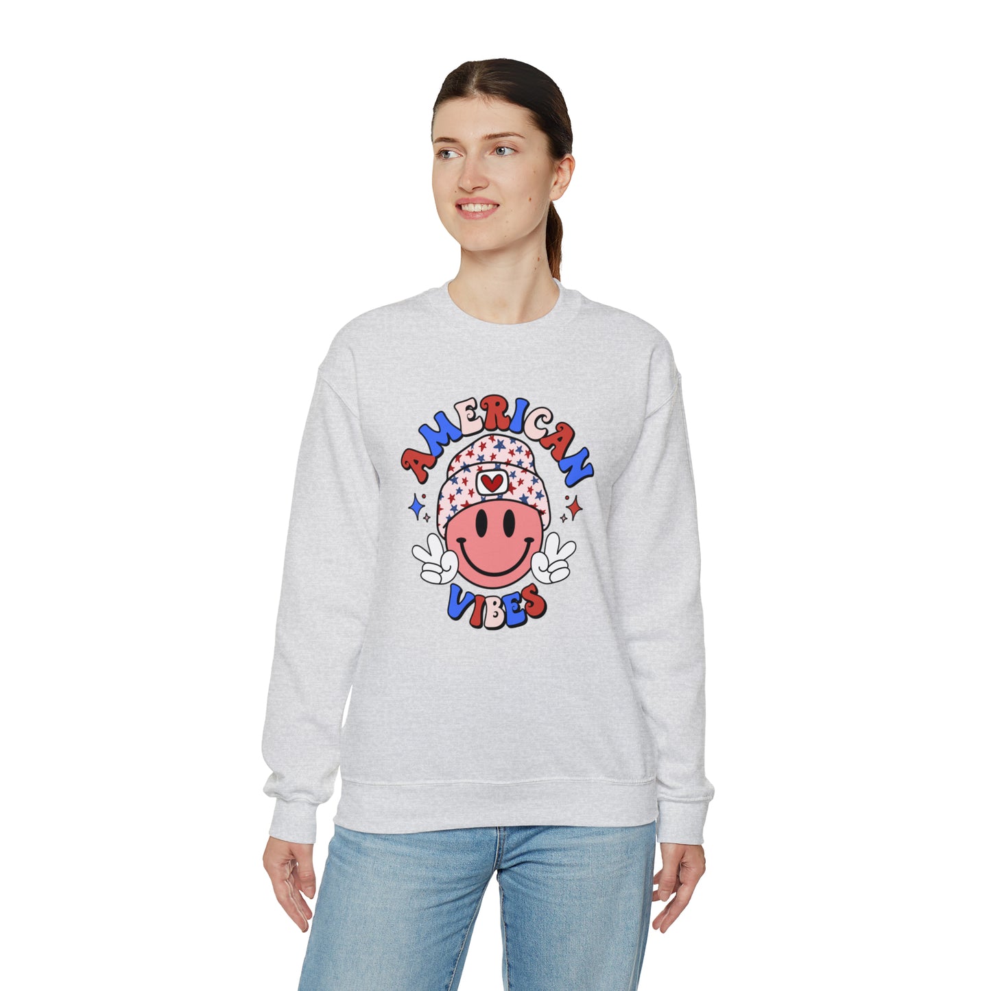 USA American Vibes Smiley Face with Heart Beanie and Peace Signs Heavy Blend™ Crewneck Sweatshirt