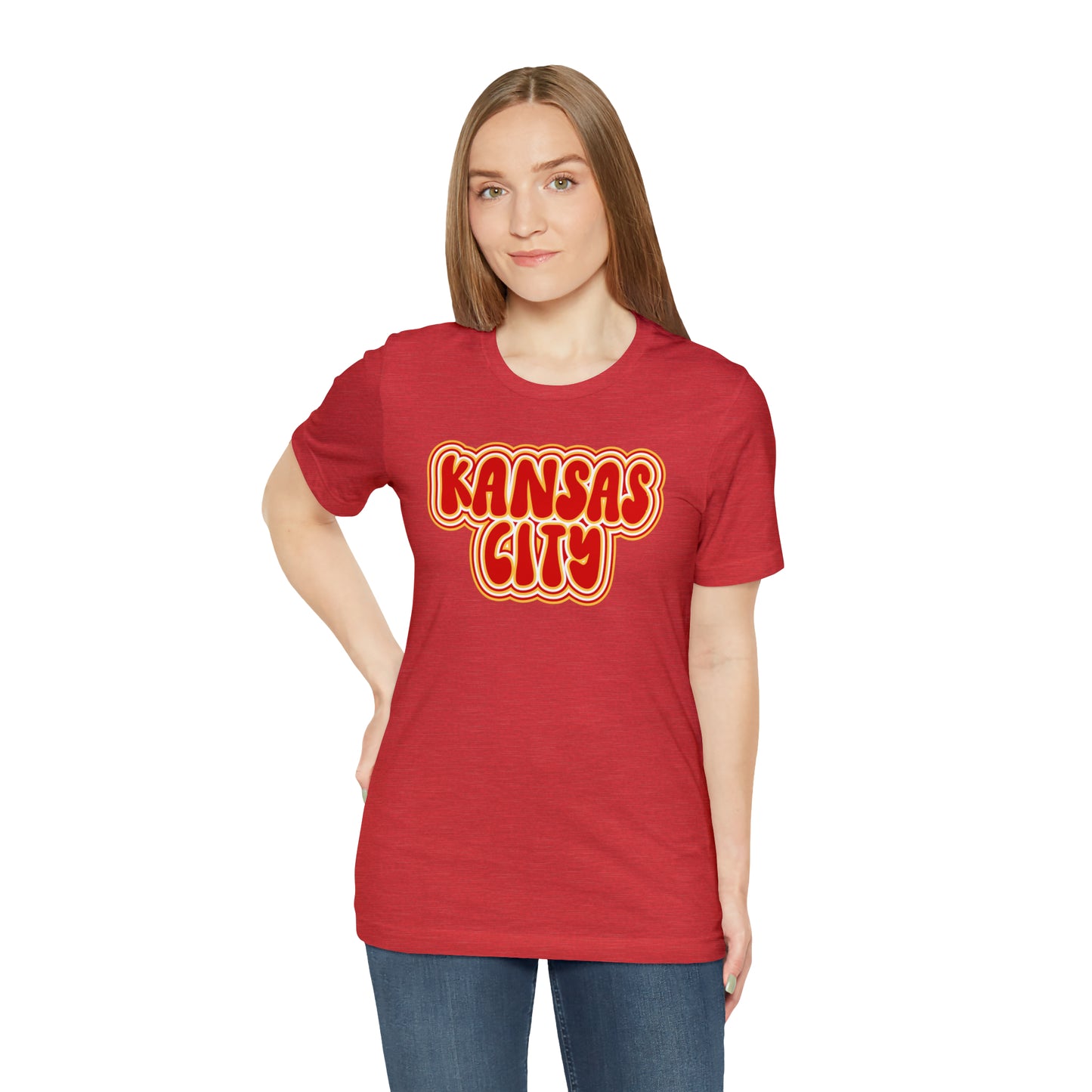 Swift Kelce Football Bubble Font Bella Jersey Short Sleeve Tee (Unisex) - Front and Back Design