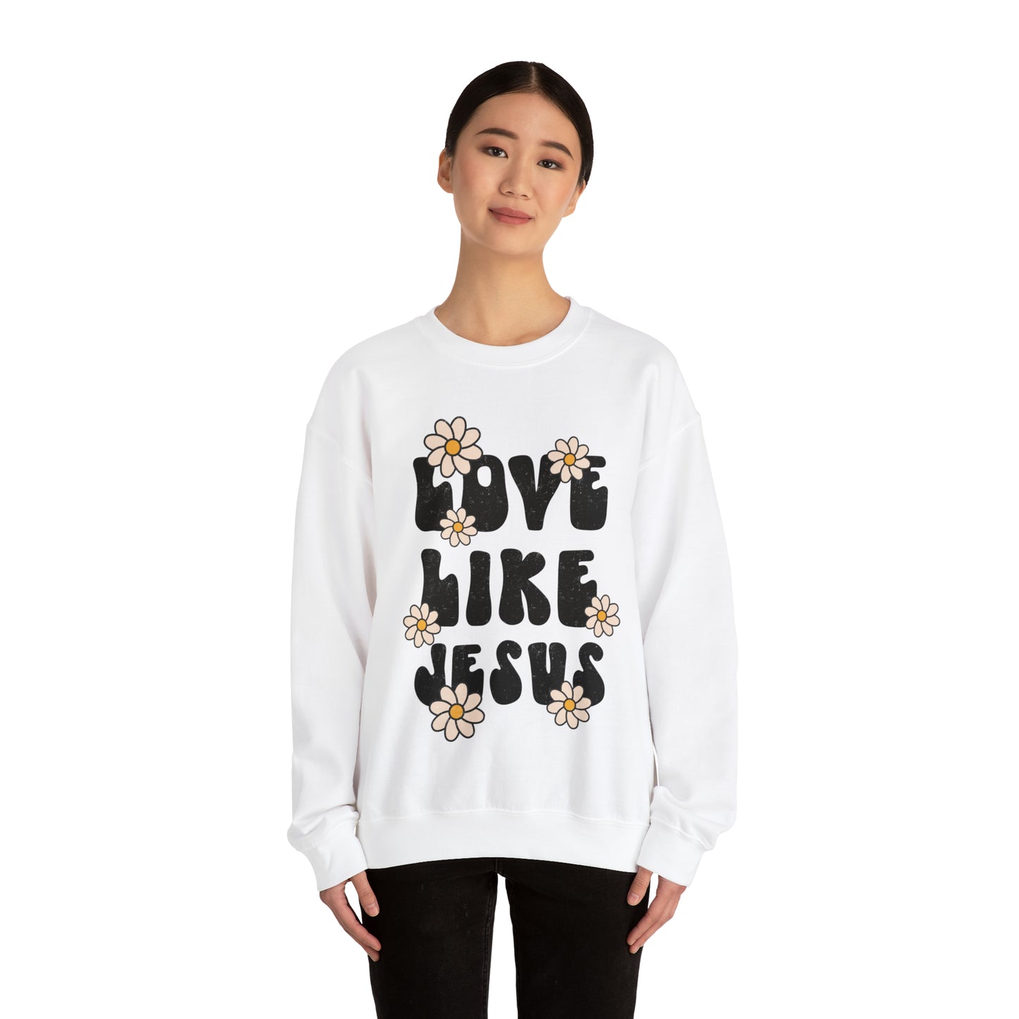 Distressed Daisy Love Like Jesus - Heavy Blend™ Crewneck Sweatshirt