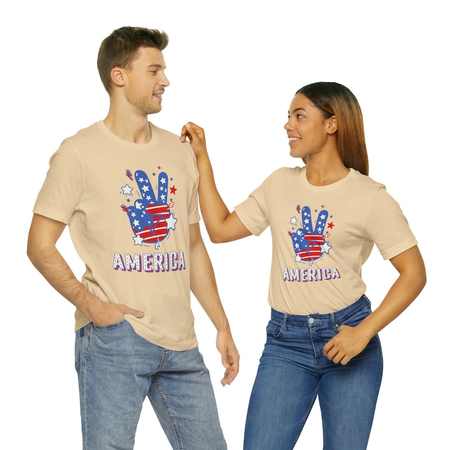 America USA Stars Peace Sign with Hands Unisex Jersey Short Sleeve Tee