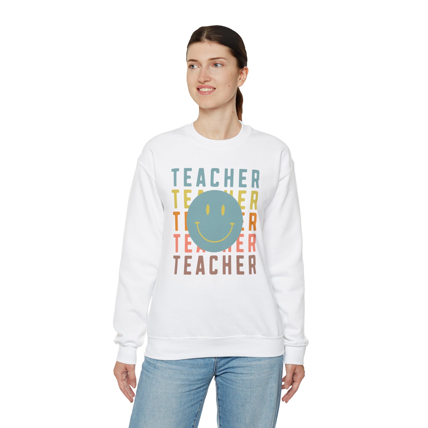 Multi Colored Teacher with Smiley Face Unisex Heavy Blend™ Crewneck Sweatshirt