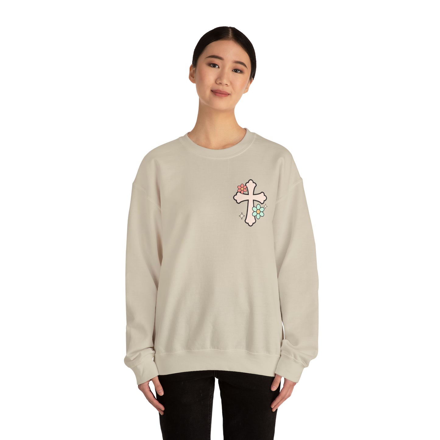 Vintage Grow in Grace with Cross Boho Color Print -  Front and Back Design Heavy Blend™ Crewneck Sweatshirt