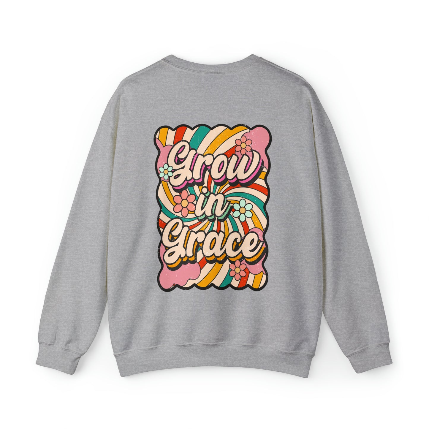 Vintage Grow in Grace with Cross Boho Color Print -  Front and Back Design Heavy Blend™ Crewneck Sweatshirt