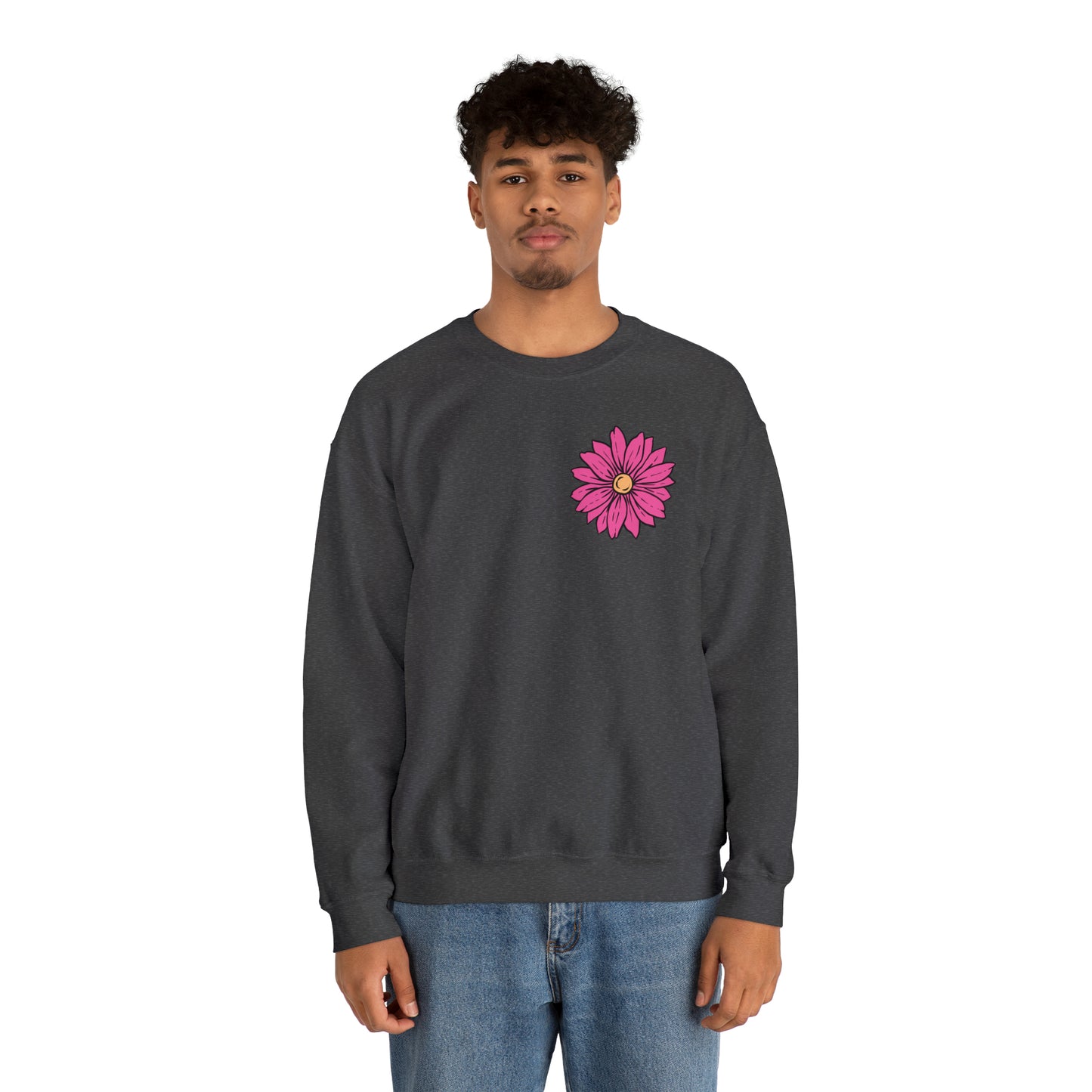 FRONT AND BACK DESIGN Positive Energy (Flower on Front and Message on Back) Font Heavy Blend™ Crewneck Sweatshirt