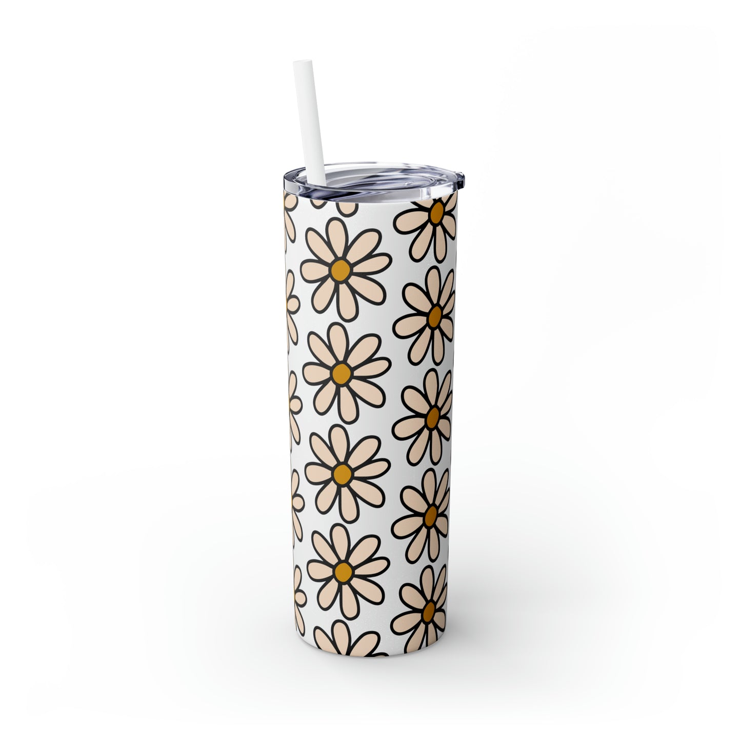 Peach Daisy Print Skinny Tumbler with Straw, 20oz